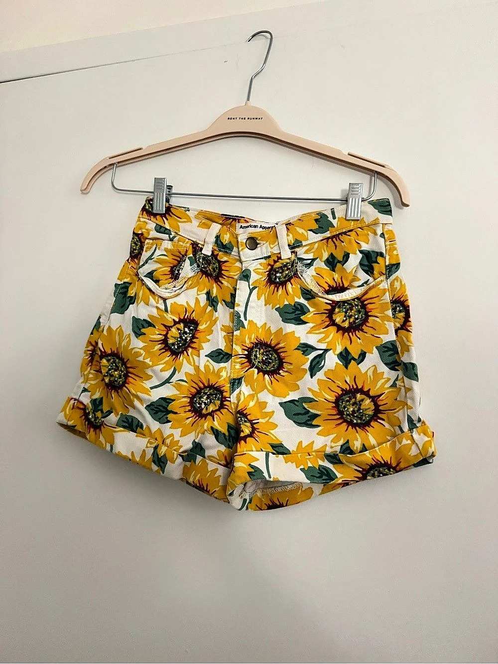 American Apparel Sunflower Print High-Waist Cuff Short Shorts